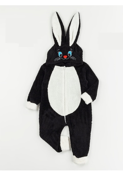 Mj Kids Welsoft Peluş Fermuarlı Tavşan Tulum 1-2-3 Yaş Siyah
