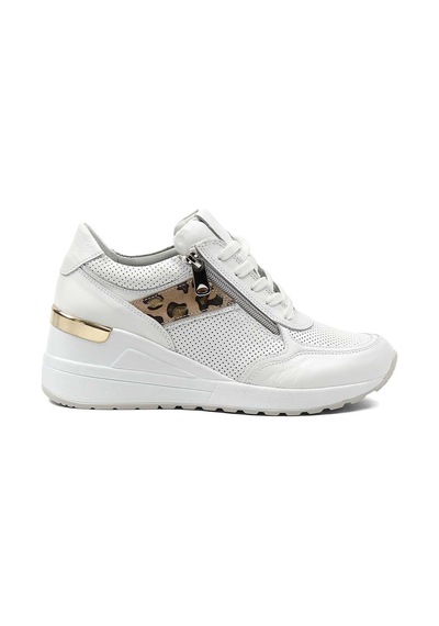Kadın Beyaz Bağcıklı Dolgu Topuklu Deri Sneaker