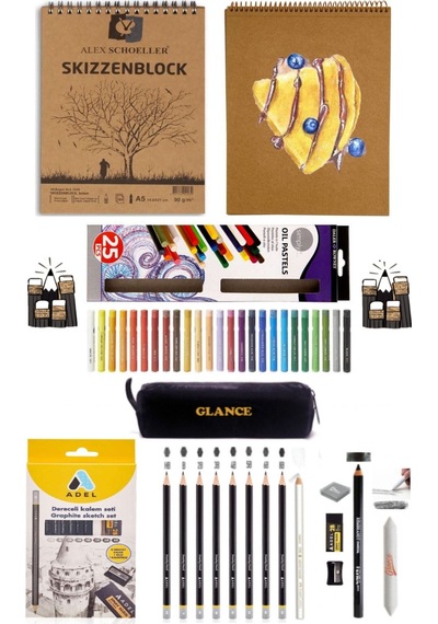 Alex Schoeller Kraft A5 Spiralli 50 Yp Dereceli Kalem Yağlı Pastel Boya 25 Renk Eskiz Çizim Set