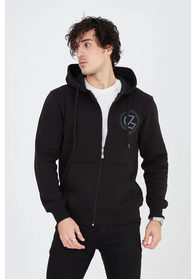 Barlashive Erkek 3 İplik Pamuklu Fermuarlı Kapüşonlu Kanguru Cepli Baskılı Hoodie Hırka Sweatshirt - Siyah Çok Renkli