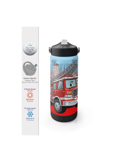 Coral High Kırmızı İtfaiye Desenli Katlanır Ağızlıklı Çelik Termos 650 Ml 38345 Kırmızı