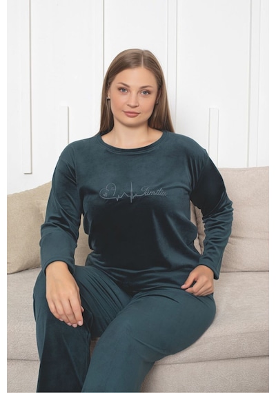 Büyük Beden Kırmızı Likralı Soft Kadife Pijama Takımı Yeşil