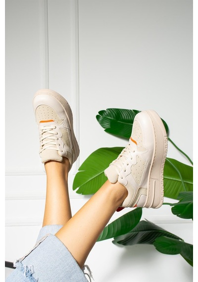 Shoetek Dael Kadın Sneakers Bağcıklı Spor Ayakkabı Bej Deri Bej