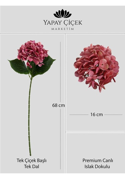 Gül Kurusu Yapay Ortanca Çiçeği Tek Dal Premium Canlı Islak Dokulu 68 Cm