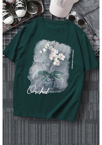 Unisex Orchid Baskılı Oversize Tshirt Yeşil