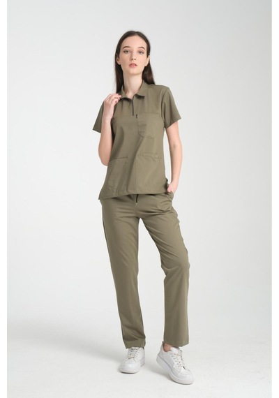 Üniforma Haki Renk Polo Yaka Unisex Likralı Ütü İstemeyen Doktor Hemşire Takım Scrubs Haki
