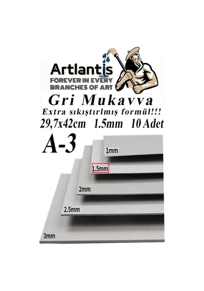 Artlantis A3 Mukavva Gri 1.5 Mm 10 Adet 1 Paket 29.7x42 Cm A-3 Mukavva 1,5 Mm Kalınlığında A-3 Mukavva