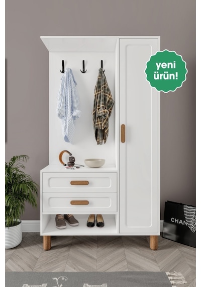 Flora Portmanto 2 Çekmeceli 8 Bölmeli Mdf Membran Kapaklı Metal Ayaklı Vestiyer - Beyaz