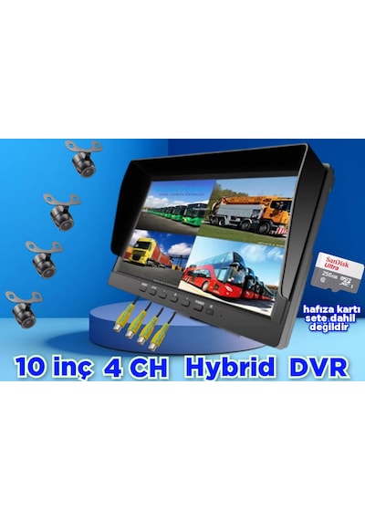 Dvr Hybrid 10'' Monitör + 4 Ad Kelebek Kamera Seti 12 V 256 Gb