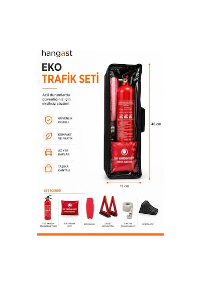 Eko Trafik Seti 7 Parça - 1 Kg Yangın Söndürme Tüpü, 2 Reflektör, İlk Yardım Seti, Çekme Halatı, Boyunluk Ve Takozlu Araç Güvenlik Seti