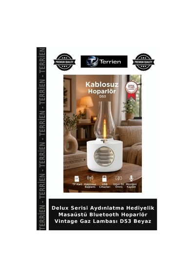 Delux Serisi Aydınlatma Hediyelik Masaüstü Bluetooth Hoparlör Vintage Gaz Lambası D53 Beyaz