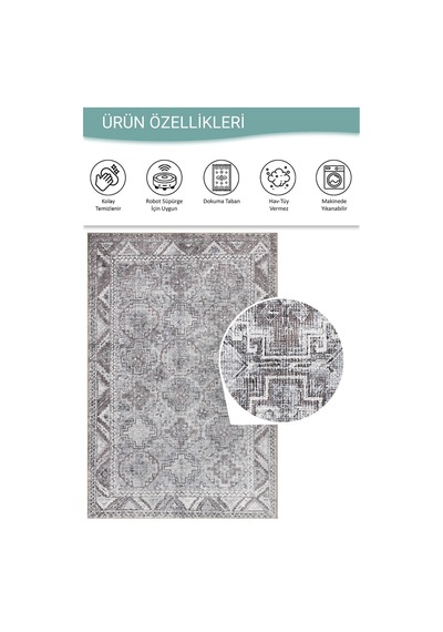 Artloop Stonart Eskitme Vintage Desenli Gri Otantik Yıkanabilir Şönil Halı Al 445 Gri 1