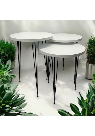 Zigon Sehpa 3'lü Yuvarlak Model Metal Tel Ayak Beyaz Beyaz
