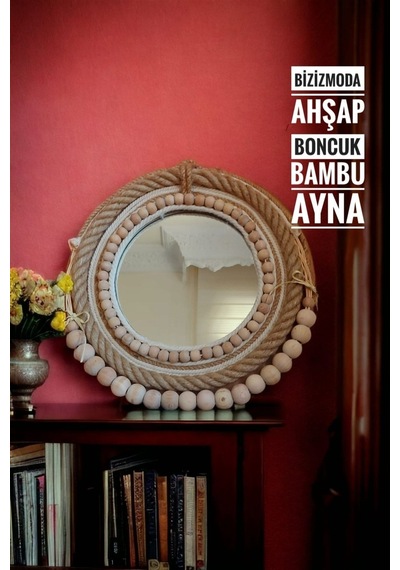 Ahşap Boncuklu Bambu Detayli Doğal Yapida El Yapimi Ayna Ahsap Doğal