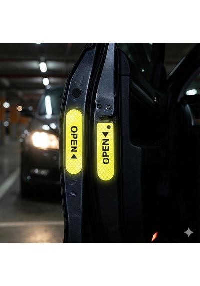 Reflektif Araç Kapı Uyarı Stickerı 2'li Set Gece Görünür Güvenlik Bandı Yapışkanlı, Suya Dayanıklı, Open Yazılı Kapı Açılınca Uyarı Etiketi Sarı Renk