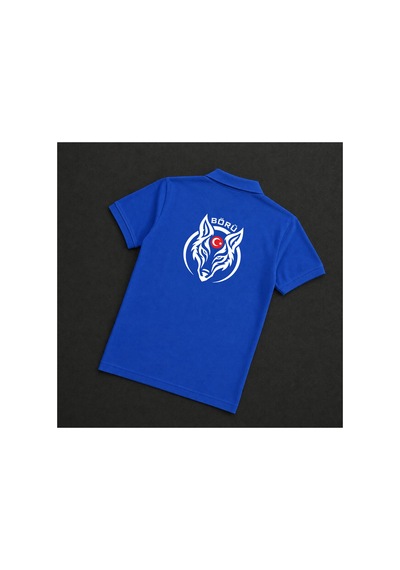 Dafri Börü Baskılı Polo Yaka %100 Pamuklu T-shirt Mavi