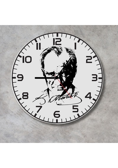 Atatürk Portreli Ve İmzalı Metal Duvar Saati - Ofis Ve Salon Saati beyaz