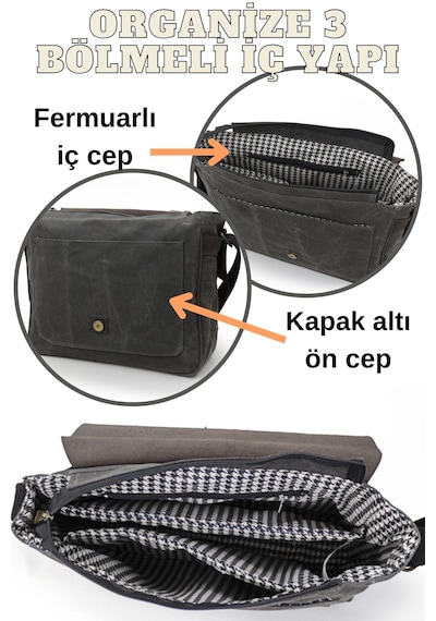 Dark Cotton 7503 Hakiki Deri Kapaklı Suya Dayanıklı Mumlu Kanvas 15 Laptop, Okul, Evrak Seyahat Çantası Siyah - Kahverengi