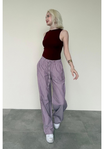 Madmext Bordo Beli Ayarlanabilir Bol Paça Dökümlü Çizgili Pantolon Mg2087 Bordo