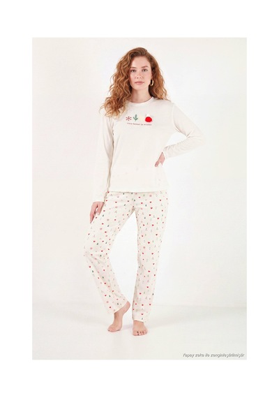 Lela Desenli Yumuşak Dokulu Uzun Kollu Pijama Takımı Kadın Pijama Takımı 6575016 Krem