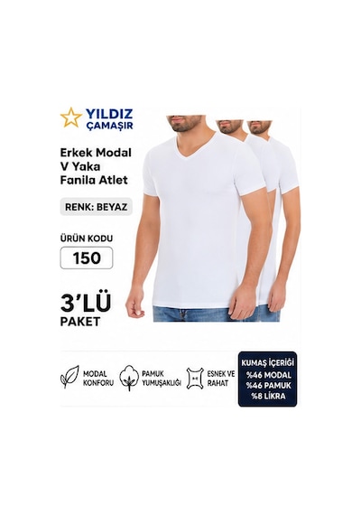 Yıldız Çamaşır Erkek V Yaka Kısa Kol Modal Likralı Fanila Atlet 150-151-152-153 - 3 Adet Beyaz