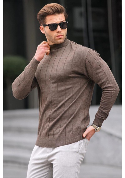 Madmext Koyu Kahverengi Slim Fit Yarım Balıkçı Yaka Çizgili Tüylenmeyen Erkek Triko Kazak 6344 Madmext Koyu Kahverengi Slim Fit Yarım Balıkçı Yaka Çizgili Tüylenmeyen Erkek Triko Kazak 6344