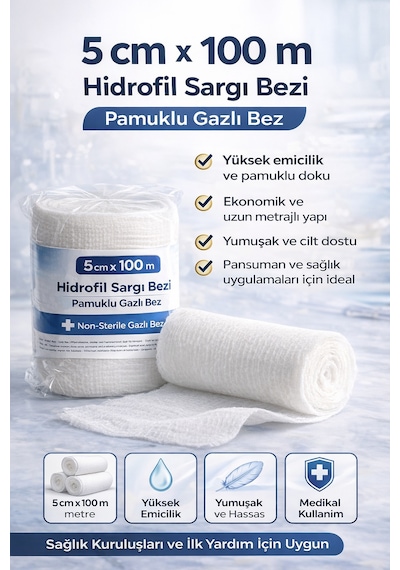 5 Cm X 100 M Hidrofil Sargı Bezi Pamuklu Gazlı Bez Yüksek Emici Sargı Bezi