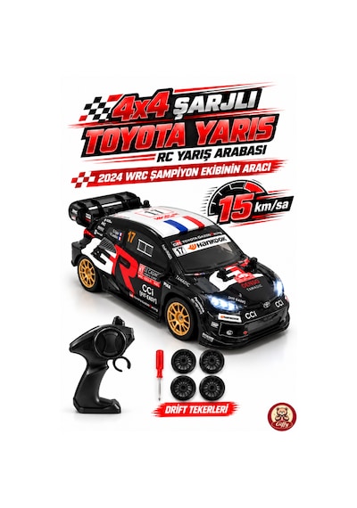 Oyuncak Uzaktan Kumandalı Toyota Gr Yaris 4x4 Drift Ralli Arabası 15 Km Hız Şarjlı Led Işıklı 7.4v 500 Mah Yedek Drift Tekerli Rc Araba Siyah