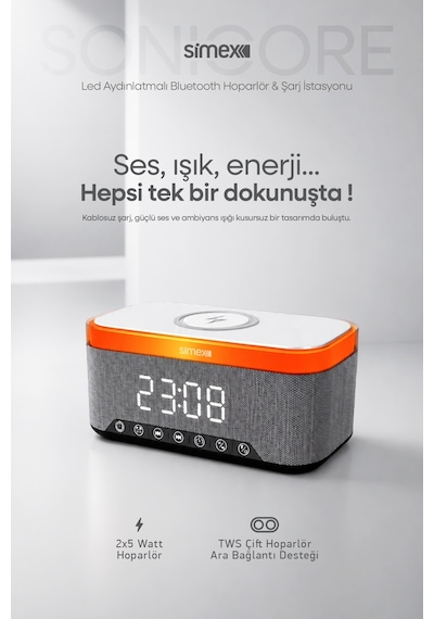 15w Kablosuz Şarj Standlı Bluetooth Hoparlör Yüksek Sesli Tws Ledli Speaker Taşınabilir Dijital Saat