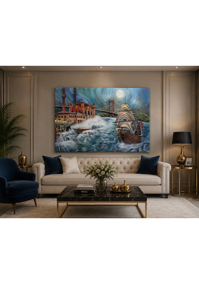 İstanbul Boğazı Ve Ortaköy Camii El Yapımı Akrilik Tablo 98x100 Cm