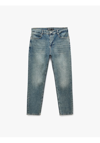 Koton Pamuklu Normal Bel Cepli Düz Paça Denim Pantolon - Tapered Jeans Orta İndigo 7wam40242nd
