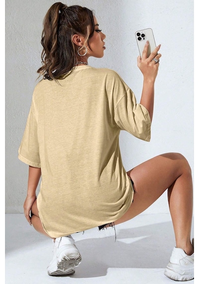 Unisex Brooklyn Baskılı Tasarım Tshirt Bej