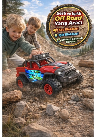 Sesli Işıklı Off Road Yarış Aracı Sürtme Sistemli Pilli Oyuncak Jeep 3 Yaş Üzeri Kırmızı 4x4 Arabası