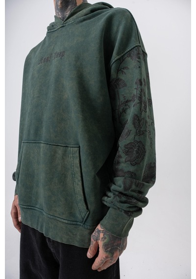Respire Erkek Root Deep Baskılı Yıkamalı Kapüşonlu Oversize Hoodie Yeşil