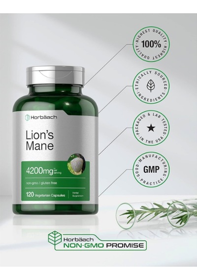 Horbäach Lions Mane Mushroom Extract 4200mg 120 Capsul Vege...