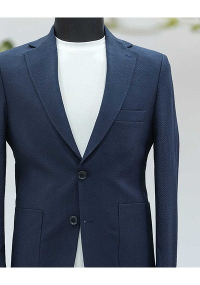 Beystil Sivri Yaka Lacivert Spor Casual Jogger Takım Elbise Gofre- Slim Fit Lacivert