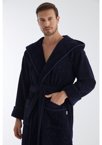 Yaka Fitilli Bambu Cotton Erkek Bornozu Lacivert
