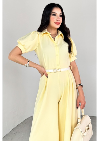 Neşeli Butik Kadın Gömlek Yaka Kemerli Geniş Paça Tulum Nbk4197 Sarı