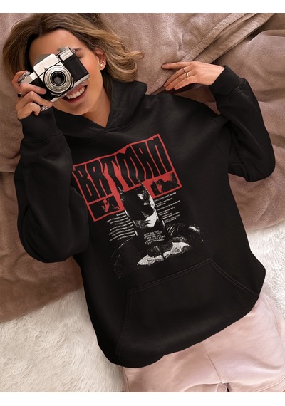 Sevbano Tasarım Kahraman Batman Baskılı Unisex Oversize Film Hoodie Siyah