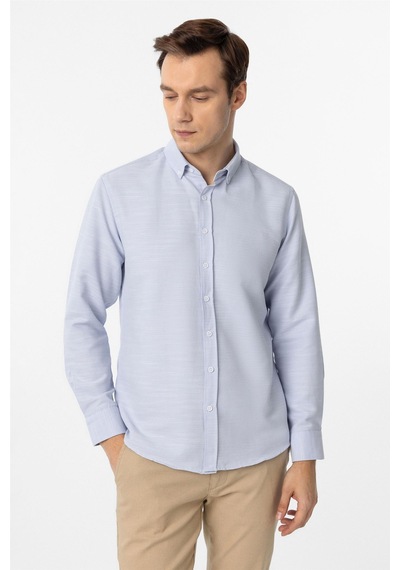 Süvari Buz Mavi Slim Fit Armürlü Düğmeli Yaka Gömlek