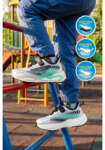 Marcokids Gri-turkuaz Cırtlı Hafif Esnek Erkek Çocuk Spor Ayakkabı T5440207b