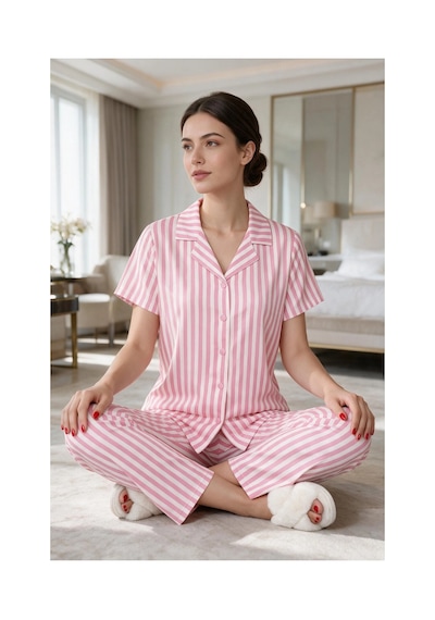 Angbutik Kadın Pembe Beyaz Çizgili Kısa Kollu Düğmeli Milan Kumaş Pijama Takımı