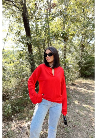 WeShaya Kadın Kırmızı Uzun Kol, Duble Manşet, Yırtmaçlı Yaka, Salaş Sweatshirt Bluz Kırmızı WeShaya Kadın Kırmızı Uzun Kol, Duble Manşet, Yırtmaçlı Yaka, Salaş Sweatshirt Bluz Kırmızı