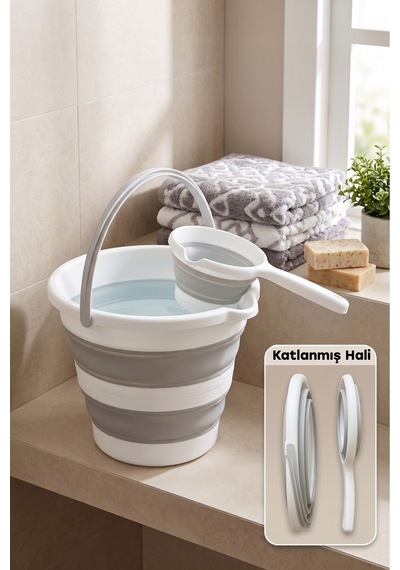 Katlanır Silikon Kova Ve Maşrapa Seti 12 Litre Yer Kaplamayan Kamp Banyo Ev Bahçe Kovası Açık Gri