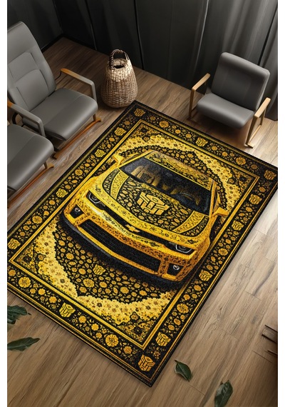 Camaro Araba Desenli Halı Dijital Baskı Yıkanabilir Kaymaz Taban Leke Tutmaz