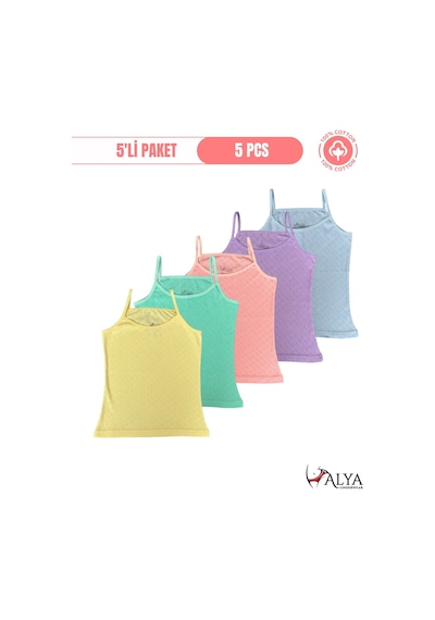Alya Underwear Kız Çocuk - Garson İp Askılı %100 Pamuklu Atlet Kalpli Jakarlı Kumaş 5'li Paket Çok Renkli P15