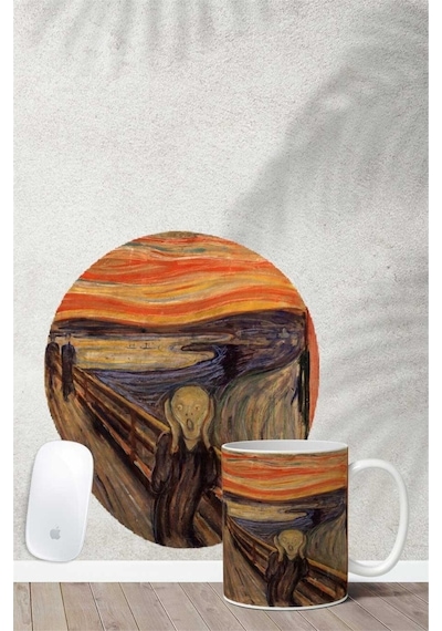 Edvard Munch Scream Desenli Bilek Destekli Mouse Pad Kupa Seti Mousepad