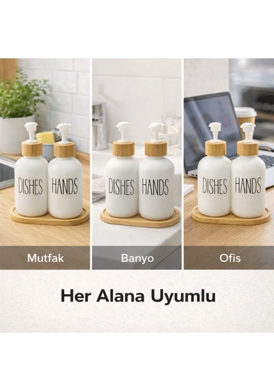 Bambu Stantlı Hands & Dishes 550 Ml Sıvı Sabunluk Seti, Mutfak Cam Sabunluk Beyaz