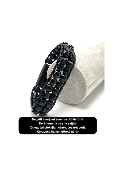 Sertifikalı Obsidyen Çift Sıra Küp Kesim Kilitli Doğal Taş Bileklik 6mm Taş Siyah