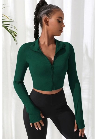 Najmaddin Beru Yeşil Dik Yaka Fermuarlı Uzun Kollu Parmak Geçmeli Crop Top Spor Bluz